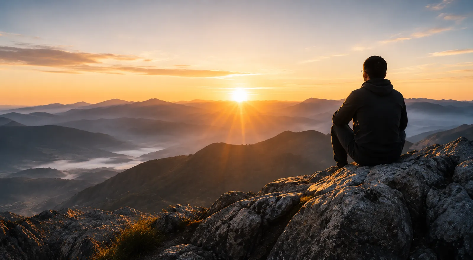 Person seated on a rocky mountain overlook facing a warm sunrise over layered mountains
