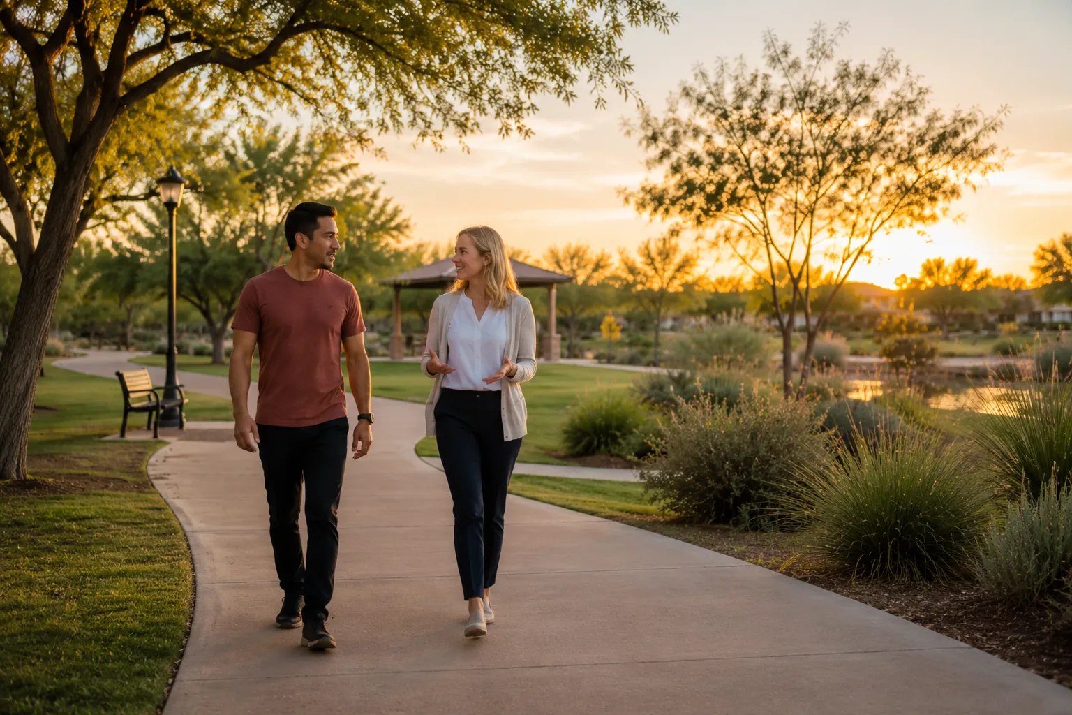 Two people walking and talking along a park path in warm evening light